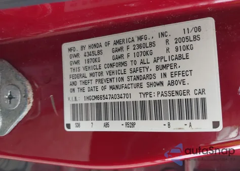 2007 Honda Accord 3.0 Ex из США, поврежденный, VIN 1HGCM66547A034701